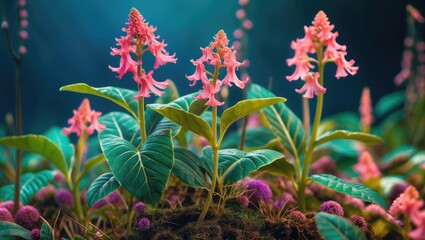 Poster - Pink flowering plants amidst lush green leaves in a vibrant forest setting with soft lighting and Copy Space for text placement.