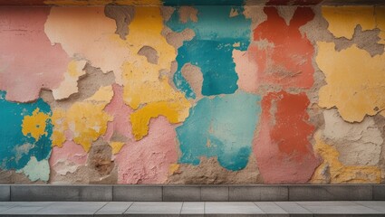 Poster - Textured wall with peeling paint in pastel colors of pink, blue, yellow and orange with concrete base and copy space for text.