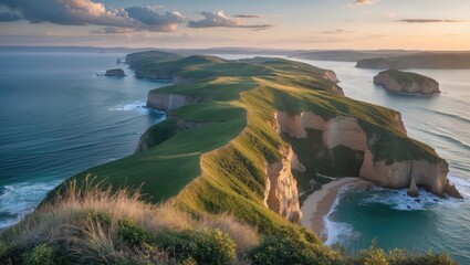 Poster - Coastal landscape with green cliffs and ocean waves during sunset clear sky Copy Space