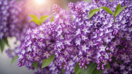 Poster - lilac flowers in full bloom with vibrant purple colors and green leaves against a soft background wi