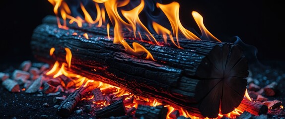 Poster - Burning logs with vibrant flames and glowing embers in a dark background and Copy Space for text placement