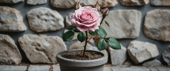 Poster - Pink rose in a gray pot with budding roses on a stone wall background with natural light and Copy Space