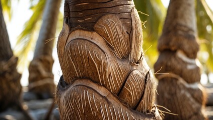 Poster - detailed close-up of textured coconut tree trunk with visible fiber patterns and sunlight filtering 