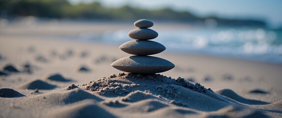 Poster - Stacked pebbles on sandy beach with ocean background and blurred greenery in distance Copy Space