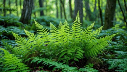 Poster - lush green ferns in a dense forest during daytime with soft natural lighting and rich vegetation cop