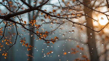 Poster - Droplets of water on autumn leaves with a soft-focus background of trees and sunlight during dawn in a natural setting