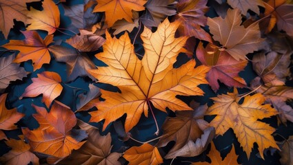 Poster - autumn leaves in various shades of orange and brown scattered on a dark background with ample copy s