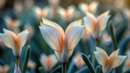 Poster - Delicate tulip flowers in soft pastel colors with blurred floral background and natural light Copy Space