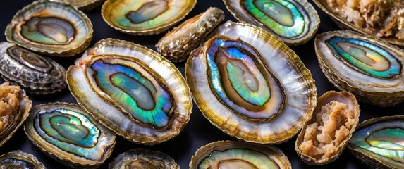 Poster - Close-up of opened abalone shells displaying iridescent interior patterns on a dark background with Copy Space
