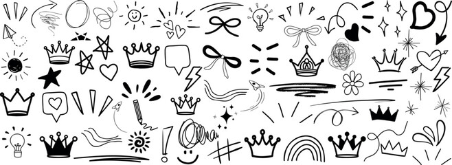 Wall Mural - doodle element vector set, sketch, crown, heart, lightning, bow, star, lightbulb, arrow, swirl, rain