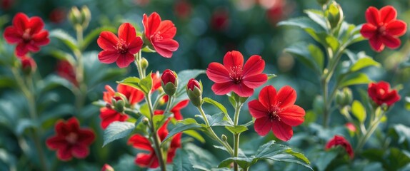 Poster - vibrant red flowers blooming in a lush green garden with soft focus background and natural lighting 
