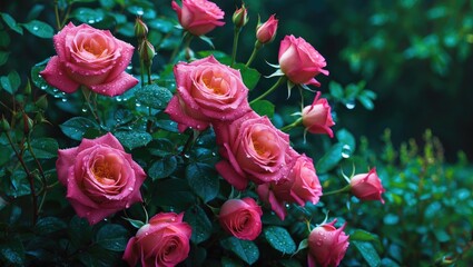 Aufkleber - pink roses with water droplets on petals surrounded by green foliage in a garden setting with soft n