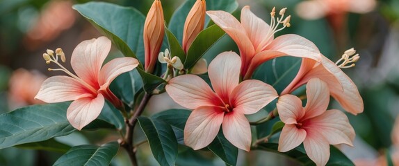 Poster - Pink flowers with green leaves in natural setting, blooming blossoms with buds, floral close-up, Copy Space