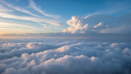 Poster - Vast sky view with fluffy clouds at sunset highlighting soft pastel colors and textures in the atmosphere Copy Space