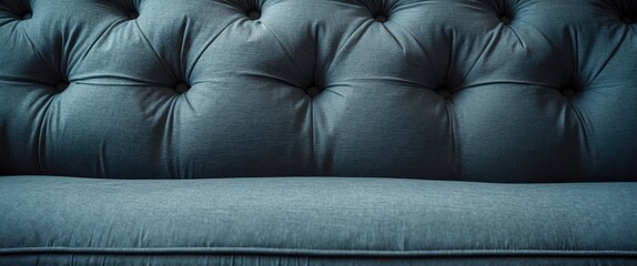 Poster - Blue tufted fabric sofa with soft upholstery details and copy space for text placement.