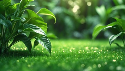 Poster - lush green garden plants with sunlight shining through, featuring detailed leaves and blurred backgr