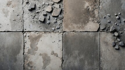 Poster - Cracked concrete flooring with debris and rough textures in various shades of gray, ideal for background or material design, Copy Space