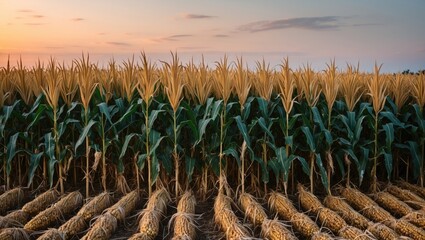Poster - Cornfield at sunset with ripe corn cobs and tall green stalks in agricultural landscape with clear sky and soft natural light Copy Space