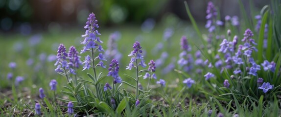 Poster - purple wildflowers blooming in a green meadow with soft focus background and copy space for text
