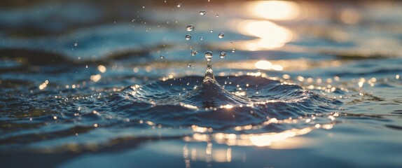 Poster - Close-up of water droplet splashing in pond with circular ripples reflecting sunlight in background Copy Space