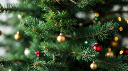 Wall Mural - Christmas tree branches decorated with gold and red ornaments and soft bokeh lights Copy Space