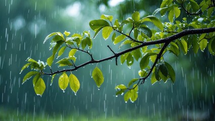 Poster - close-up of green leaves on a wet branch during rainfall with blurred background and droplets fallin