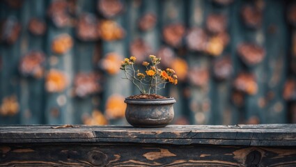 Poster - Potted yellow flowers on wooden table against blurred colorful background with copy space for text