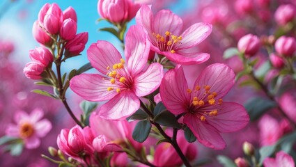 Poster - Pink flowering branches with delicate petals and yellow stamens against a blurred background of pink blooms and blue sky Copy Space