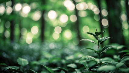 Poster - green foliage with blurred bokeh background in a forest setting, featuring a single plant in focus, 