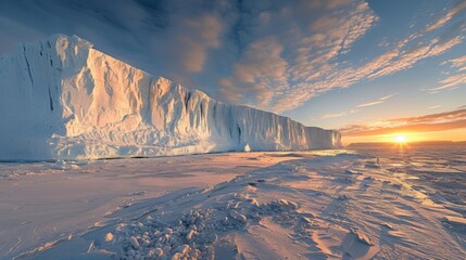 Fototapete - The sun sets behind a massive glacier, casting warm hues across the icy surface and highlighting the textures of the frozen landscape in a secluded area.