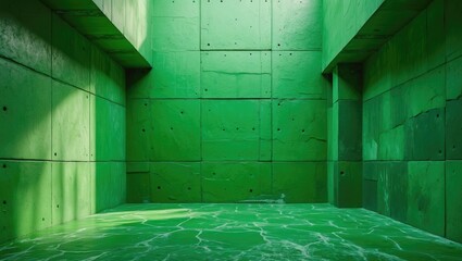Poster - Green textured interior room with smooth floor and walls made of panels, modern design, natural light illuminating space, Copy Space