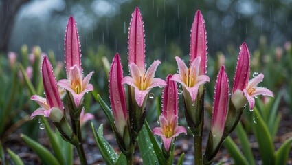 Poster - pink flowers with elongated petals in rain, detailed close-up view of blooms with water droplets on 