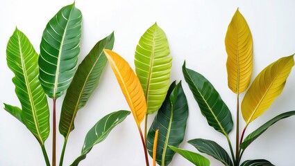 Poster - Green and yellow tropical leaves arrangement on white background providing ample copy space for text