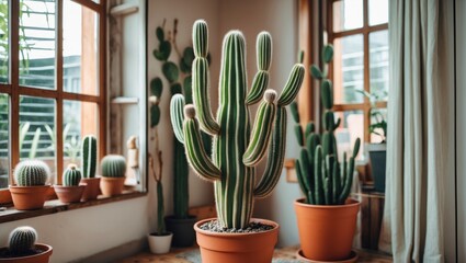 Poster - Indoor garden with assorted cacti in terracotta pots near large windows creating a bright and inviting atmosphere Copy Space