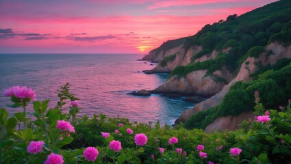 Poster - Coastal landscape at sunset with pink flowers in the foreground and cliffs along the shoreline under a colorful sky Copy Space