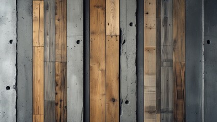 Poster - Textured wooden and concrete wall panels in various shades of brown, gray, and beige with contrasting patterns and tones, Copy Space
