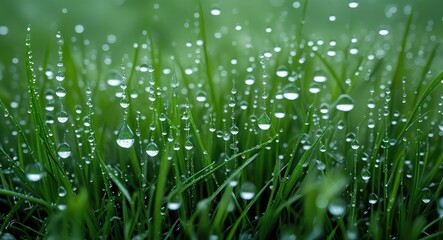Poster - Close-up of dew drops on green grass blades with a soft blurred background natural texture and color Copy Space