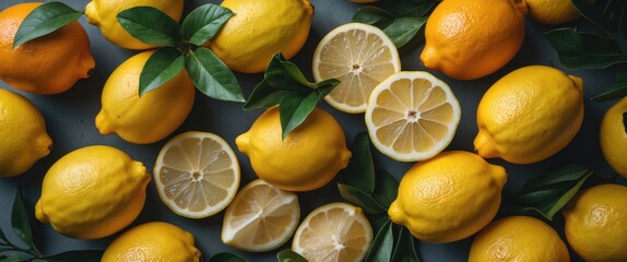 Poster - Freshly harvested lemons with green leaves arranged on a surface, featuring whole and sliced lemons, Copy Space.