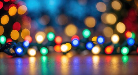 Poster - blurred background of colorful christmas lights with bokeh effect on a wooden surface ideal for fest