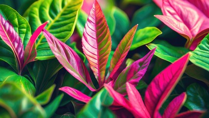 Poster - Vibrant close-up of colorful foliage featuring pink and green leaves with natural texture and details suitable for background use Copy Space
