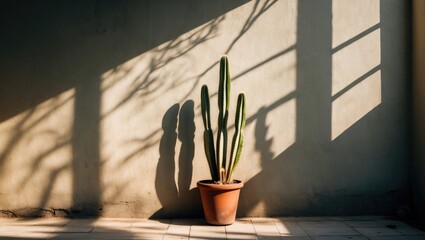 Poster - Cactus plant in pot casting shadows on wall in bright room with natural light Copy Space