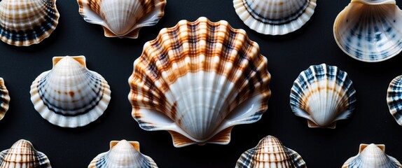 Poster - Various colorful seashells arranged on a dark surface with a central focus, showcasing unique patterns and textures, Copy Space