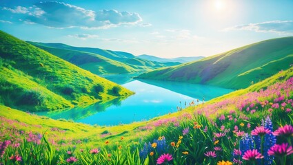 Poster - Lush green hills with vibrant wildflowers by a tranquil river under a bright sky and soft clouds Copy Space