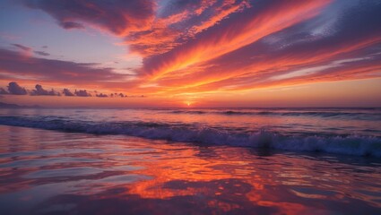 Poster - Vibrant sunset over ocean with colorful clouds reflecting on water surface at dusk with gentle waves and tranquil atmosphere Copy Space