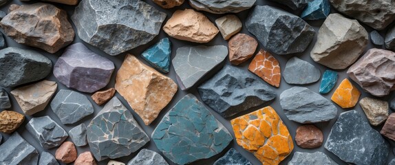 Poster - Colorful assorted stones and rocks background with varying textures and shapes ideal for natural or geological themes Copy Space