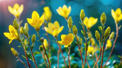 Poster - Close-up of vibrant yellow wildflowers against a soft blurred background with natural light, suitable for floral themes and nature concepts Copy Space