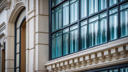 Poster - Modern architectural facade with glass bricks and classic detailing showcasing lines and textures Copy Space