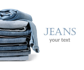 Sticker - Different folded jeans on white background. Design with space for your text