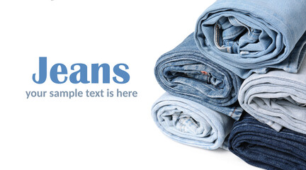 Sticker - Different rolled jeans on white background. Design with space for your text