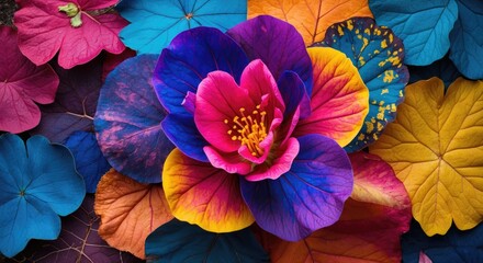 Poster - Vibrant and colorful assortment of tropical leaves with a large pink and purple flower in the center on a dark background Copy Space